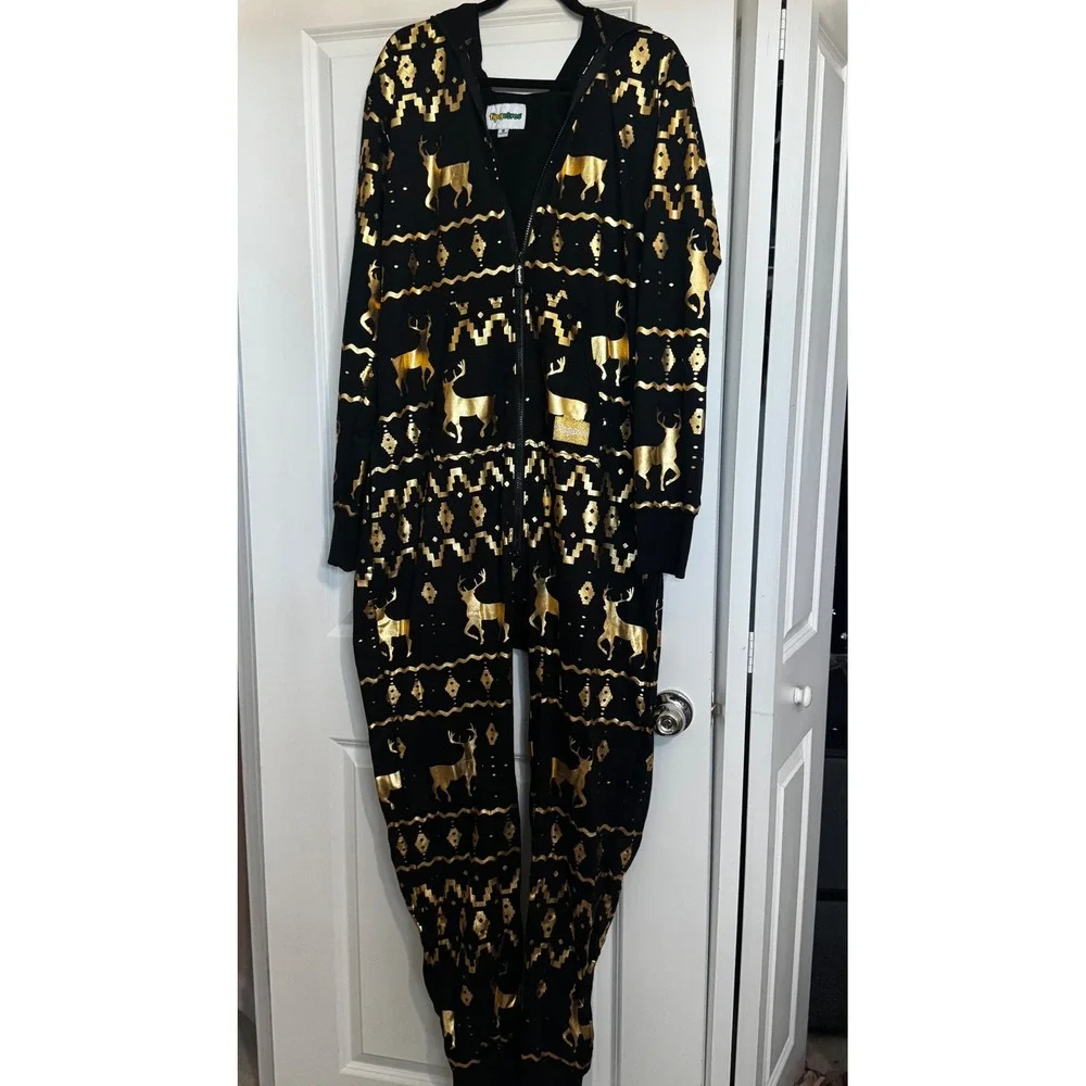 Tipsy Elves Mens XL Black Gold Metallic Reindeer Fair Isle Hooded Jumpsuit - Picture 11 of 11